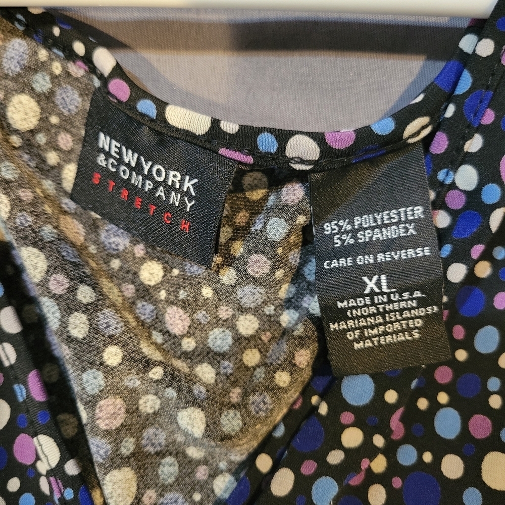 New York & Company Stretch Blue Multicolored Polkadot Long Sleeve | XL - Picture 6 of 7